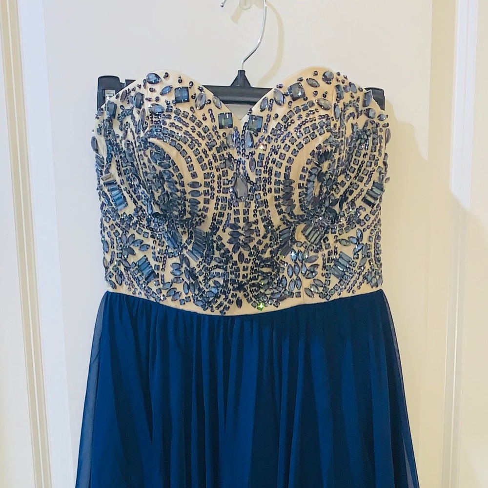 Formal navy blue dress.